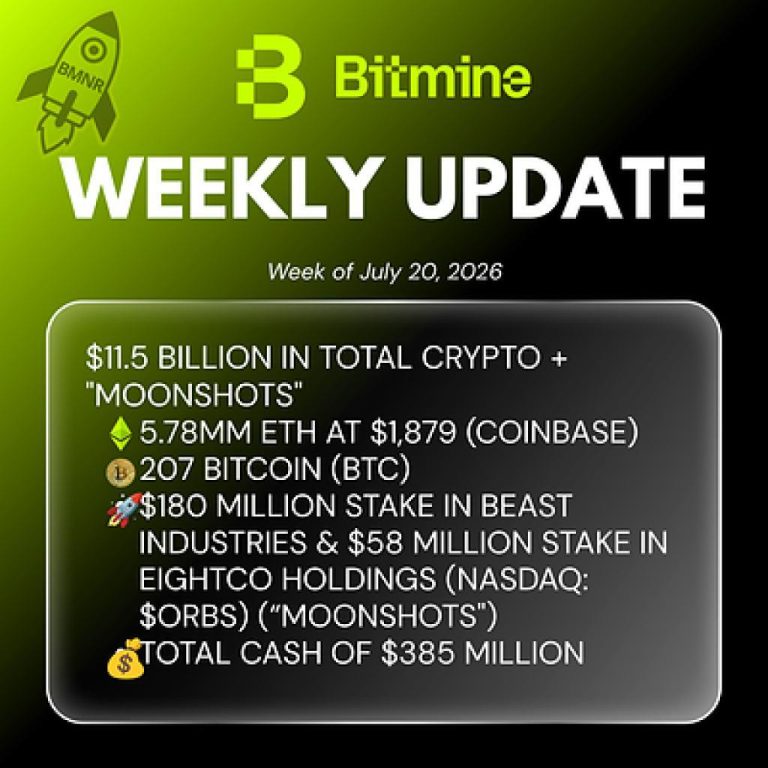 Bitmine Immersion Technologies (BMNR) Announces ETH Holdings Reach 5.78 Million Tokens, And Total Crypto And Total Cash Holdings Of $11.5 Billion Bitmine Immersion Technologies (BMNR) Announces ETH Holdings Reach 5.78 Million Tokens, And Total Crypto And Total Cash Holdings Of $11.5 Billion